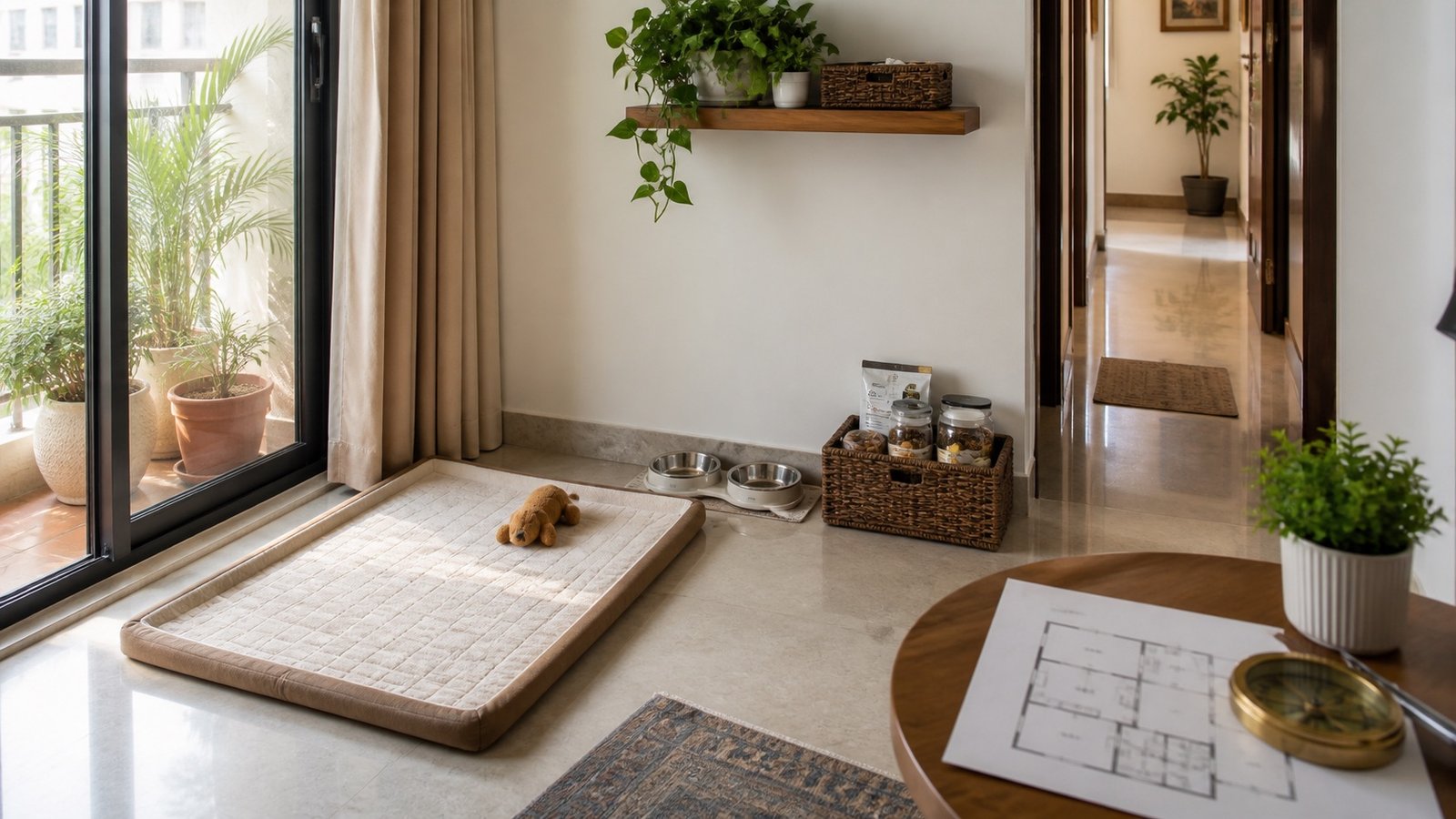 Clean pet area near a balcony with washable mat, feeding bowls, organized supplies, daylight, plants, floor plan, and compass