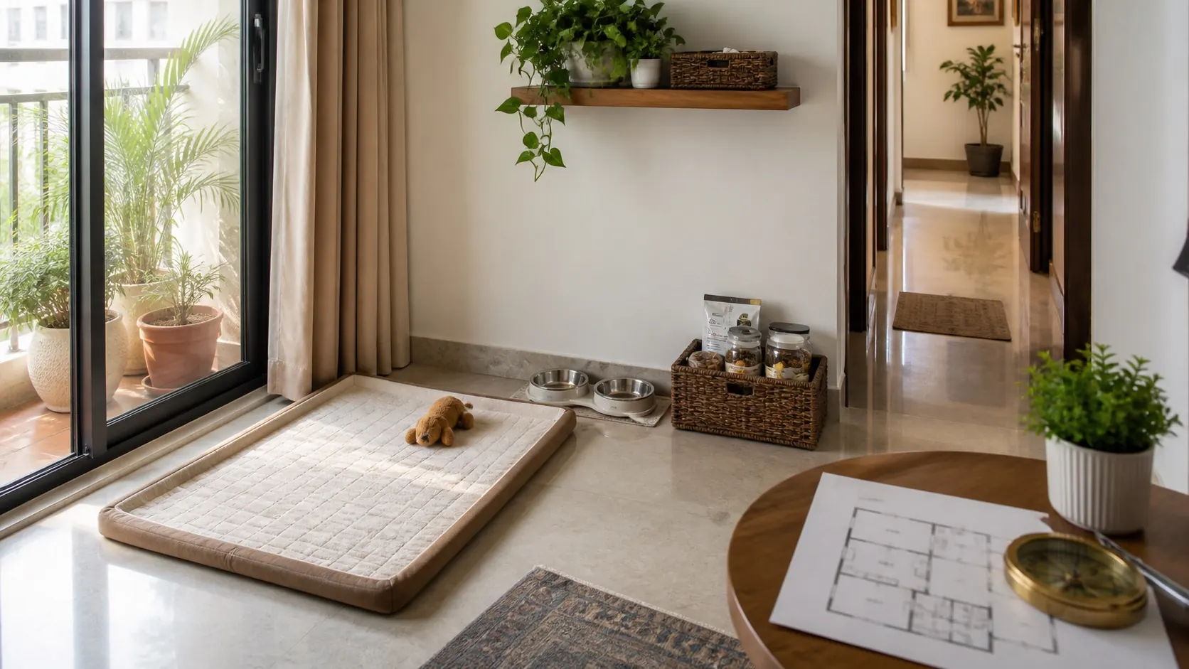 Clean pet area near a balcony with washable mat, feeding bowls, organized supplies, daylight, plants, floor plan, and compass