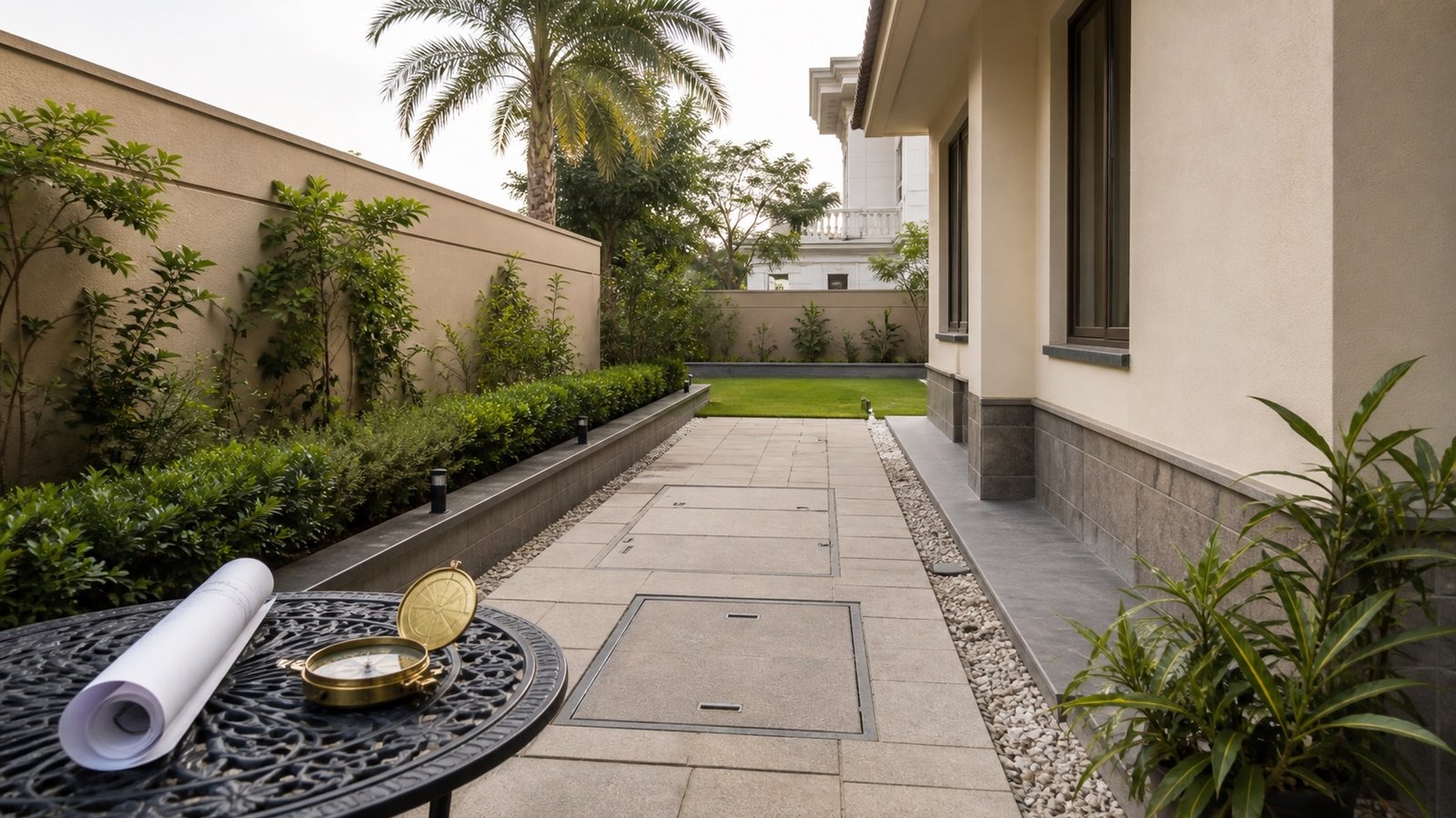 Clean side-yard utility access covers beside an Indian home with drainage, plants, a plan sheet, and compass