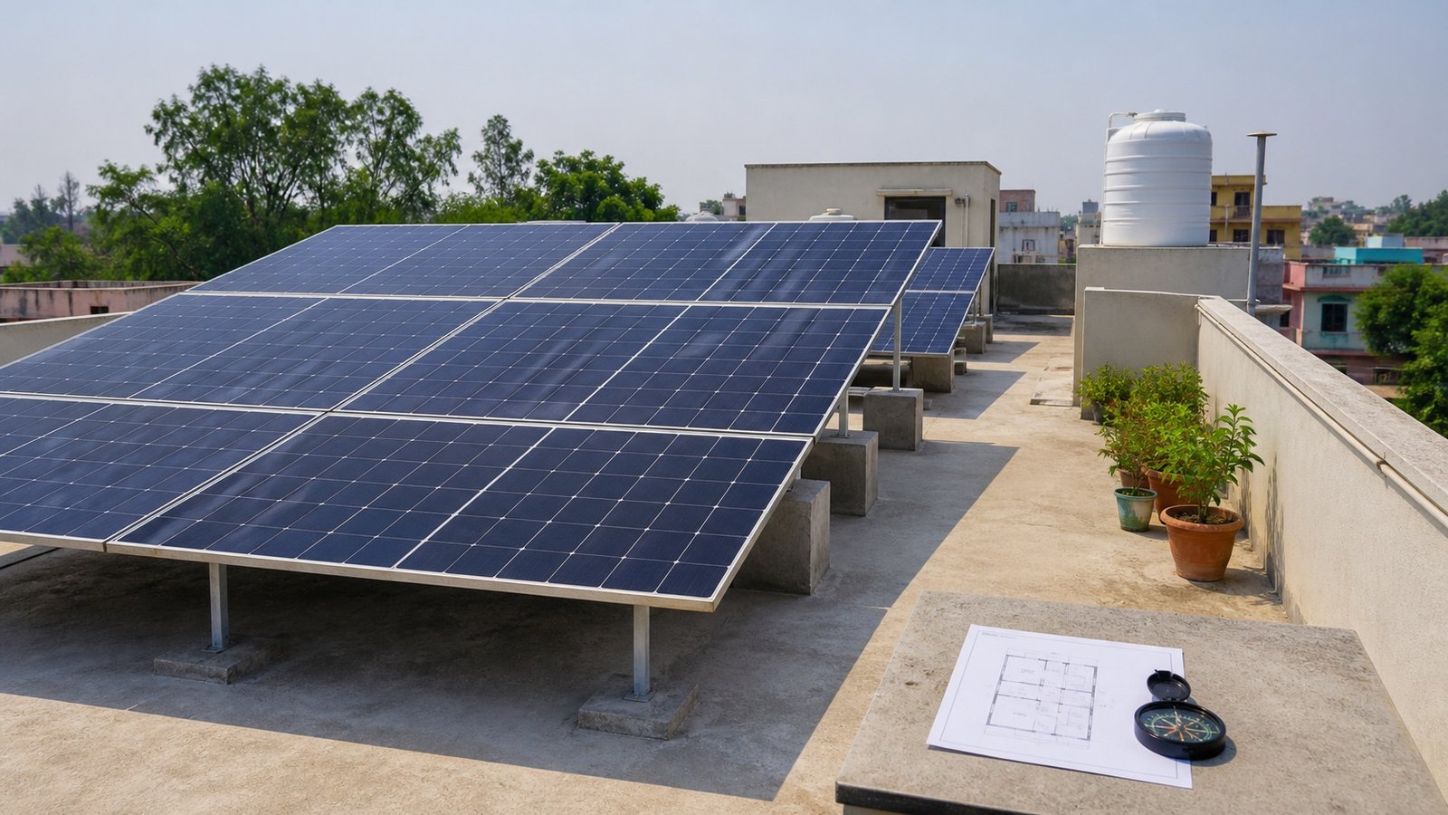Residential rooftop terrace with solar panels, water tank, clear service path, plants, floor plan, and compass