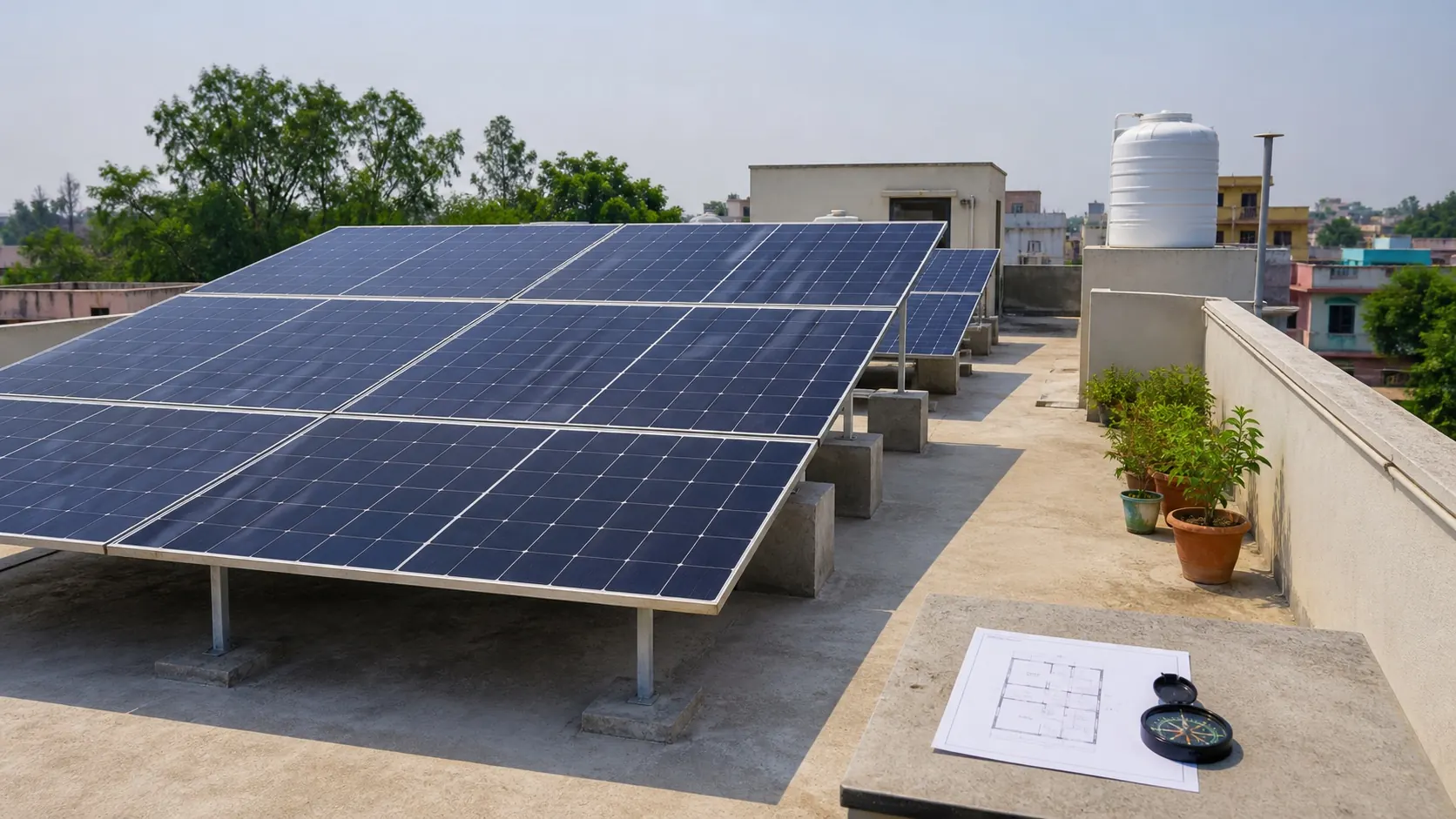 Residential rooftop terrace with solar panels, water tank, clear service path, plants, floor plan, and compass