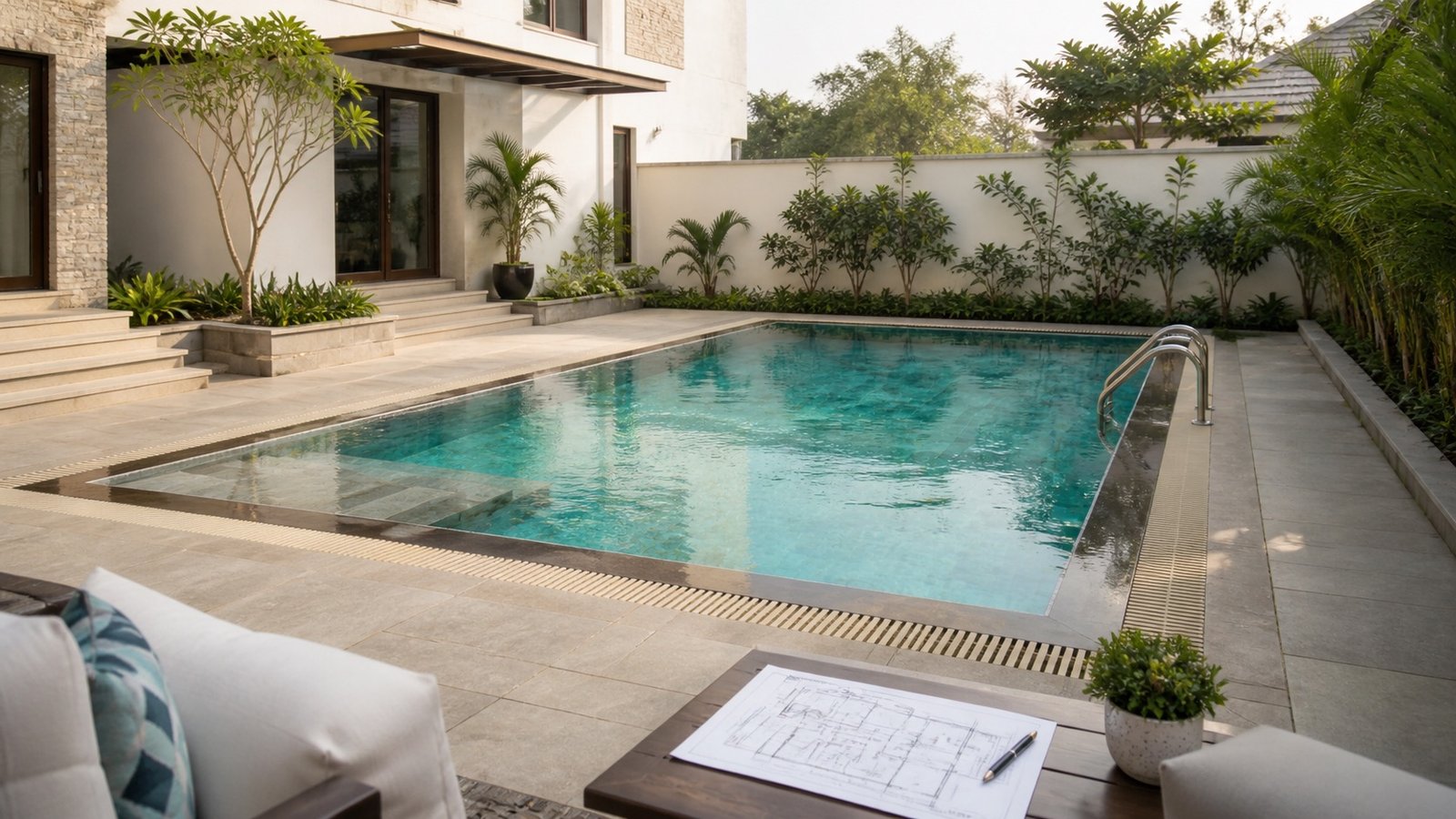 Modern villa swimming pool with stone deck, drainage channel, garden planting, seating, and floor plan