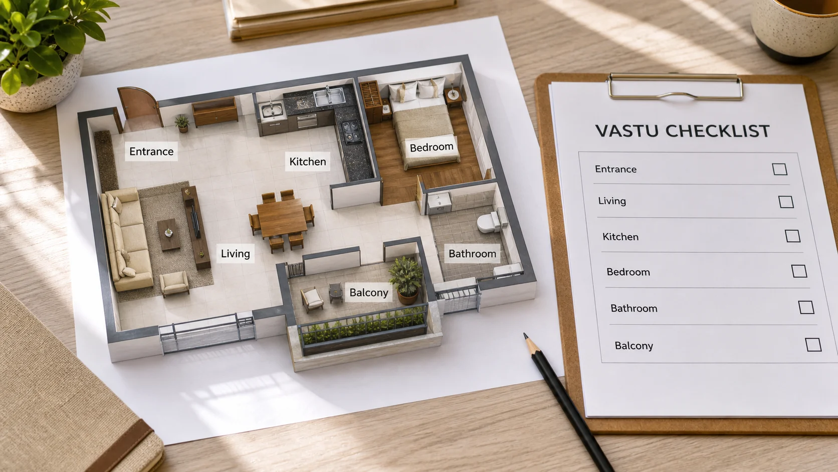 Realistic apartment floor plan and Vastu checklist with major room labels