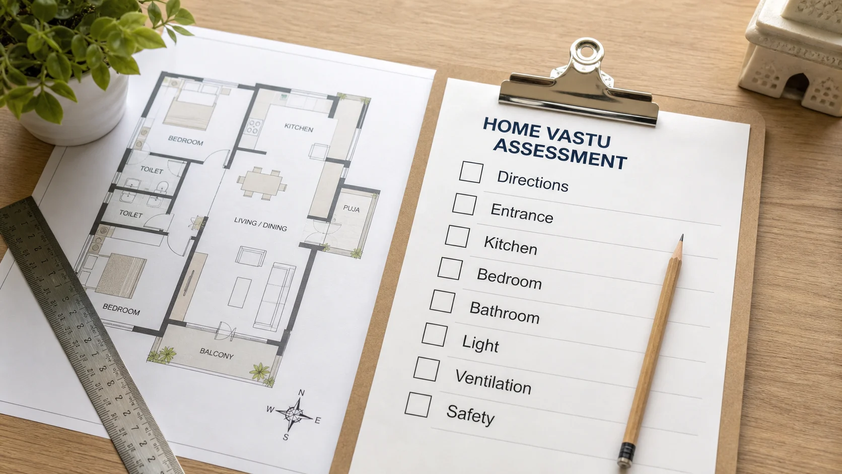 Realistic home Vastu assessment checklist on a clipboard beside a modern floor plan