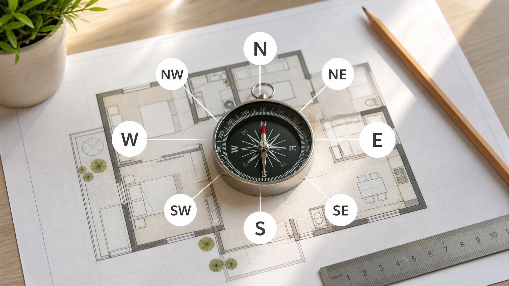 Realistic compass on a home floor plan with eight direction labels