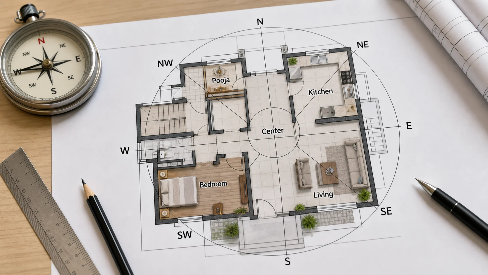 Realistic home floor plan with compass directions and example room placement labels